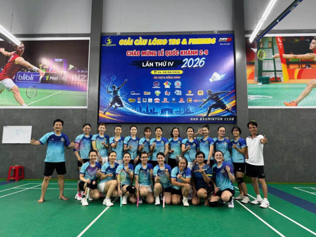 Players’ group photo at the TBS & Friends Badminton Tournament 2026, NNB Badminton Club